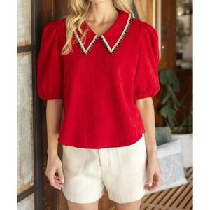 NEW VOY collard knit top in red